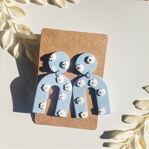 Handmade polymer clay light blue with flower earrings